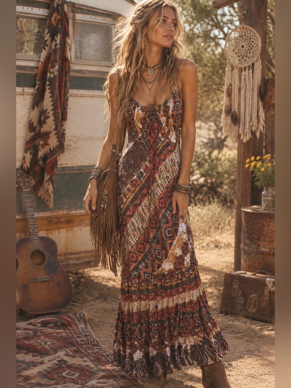 Temptations Rust and Brown Printed Maxi Dress